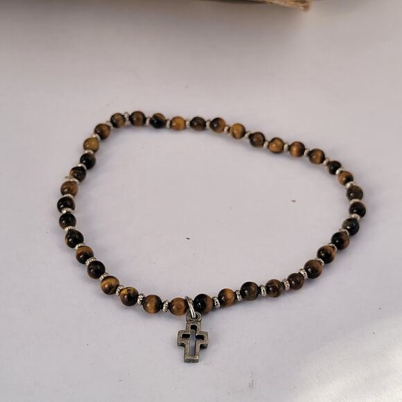 Vintage tiger's eye bracelet with silver tone cross charm 1990s stretch - Picture 4 of 10